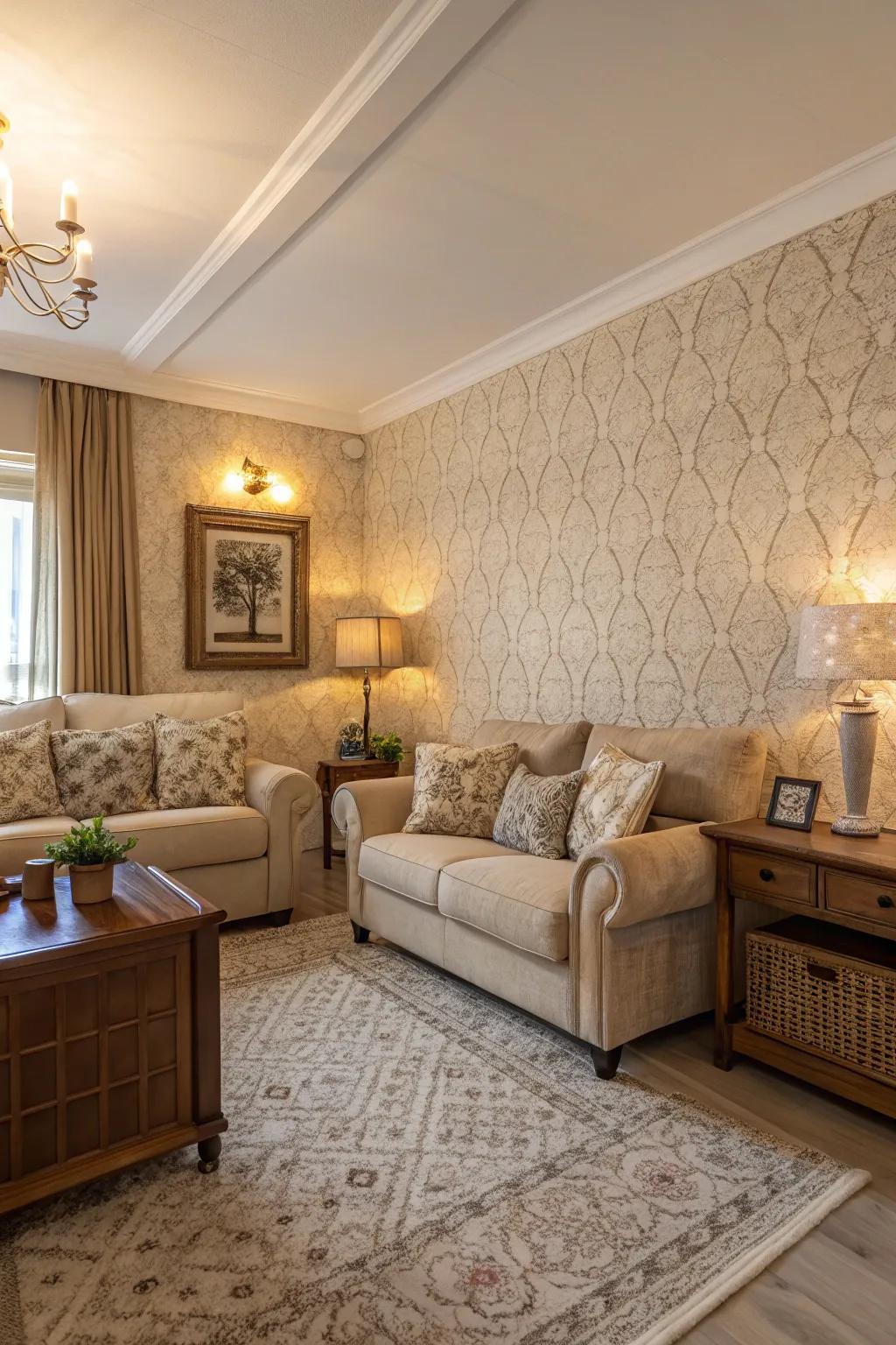 Textured wall covering adds depth and intrigue.