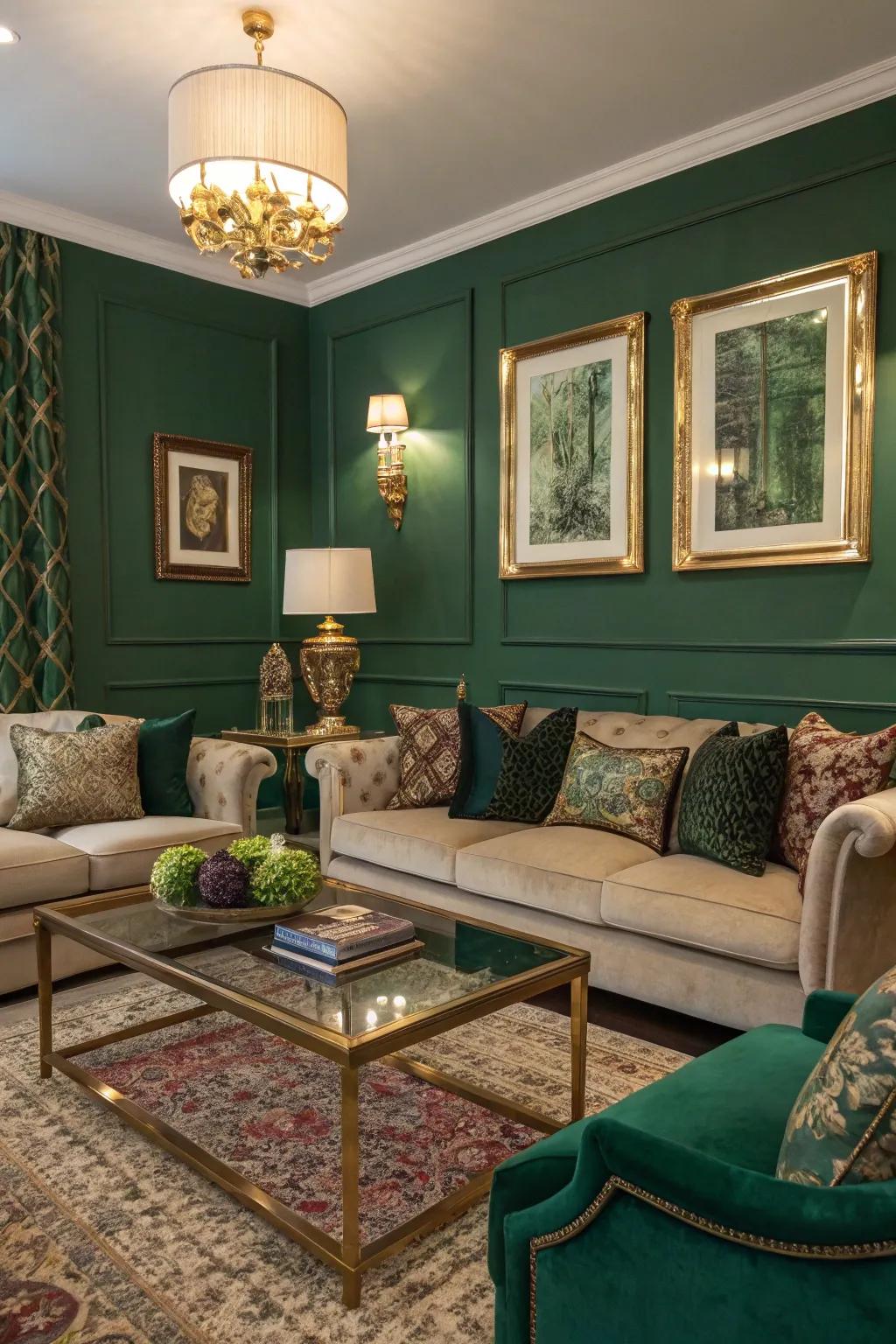 Emerald walls create a luxurious and opulent atmosphere.