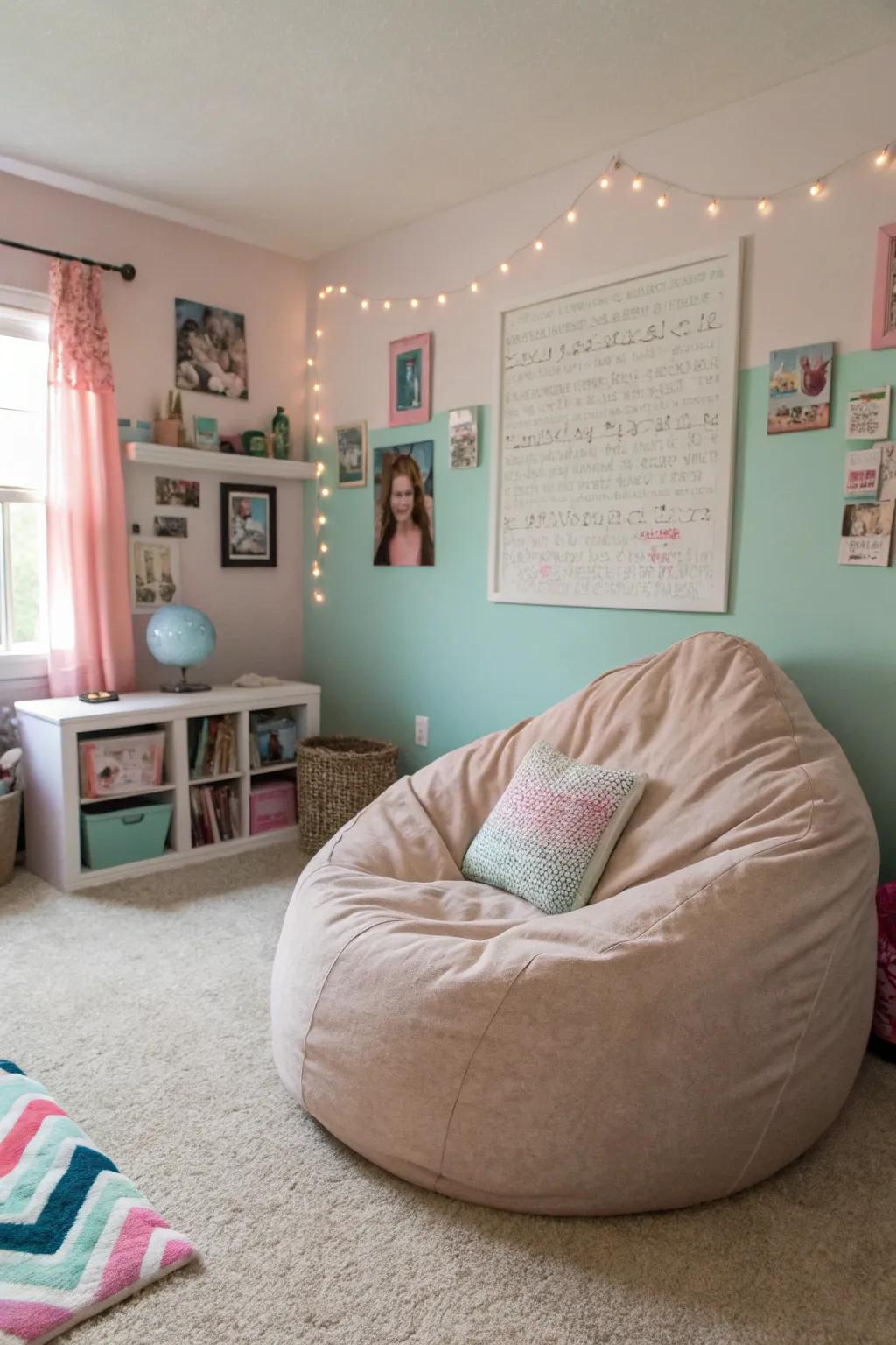 A plush bean bag providing a playful and comfortable seating zone.