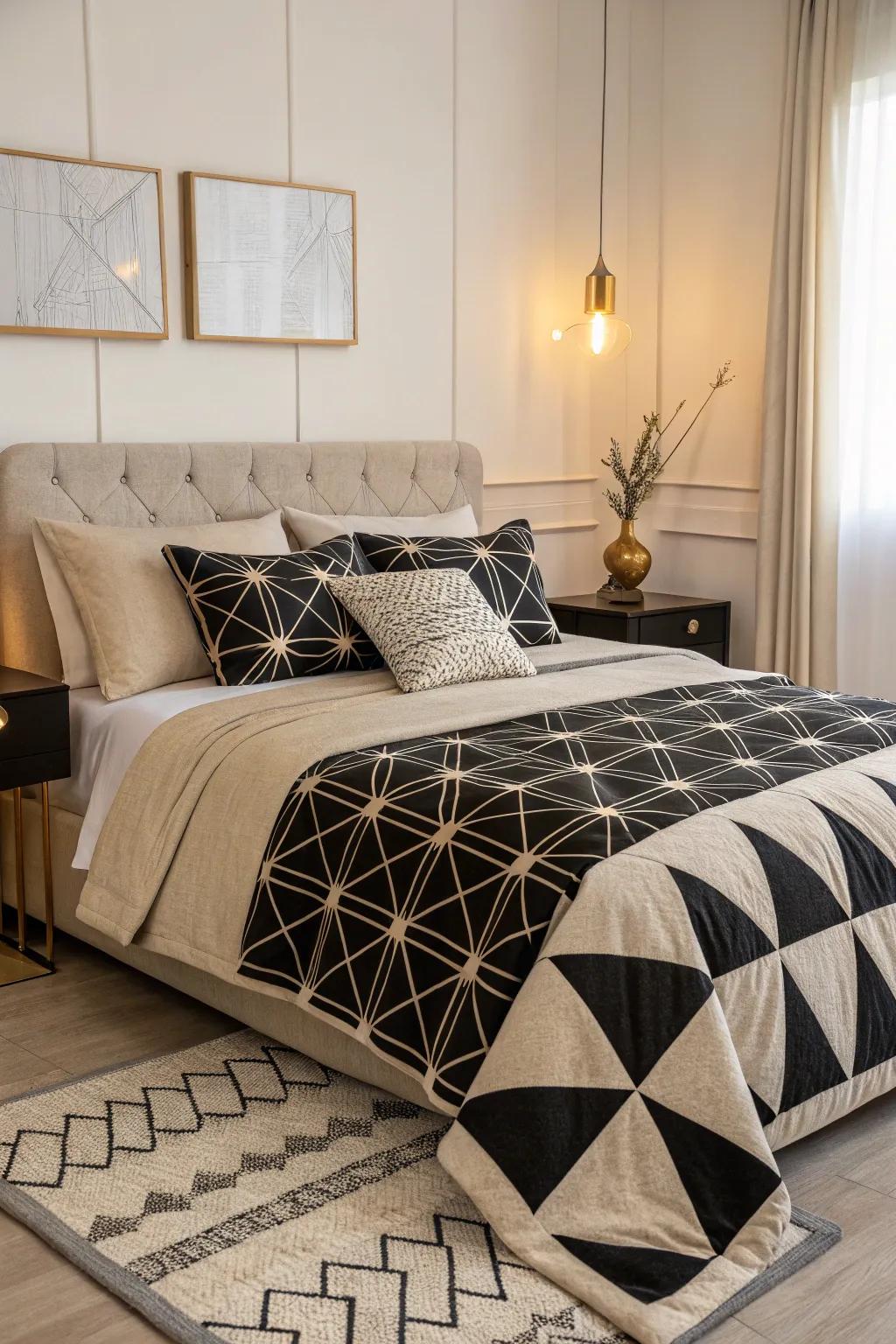 Shaped designs offer a contemporary twist to the bedding.
