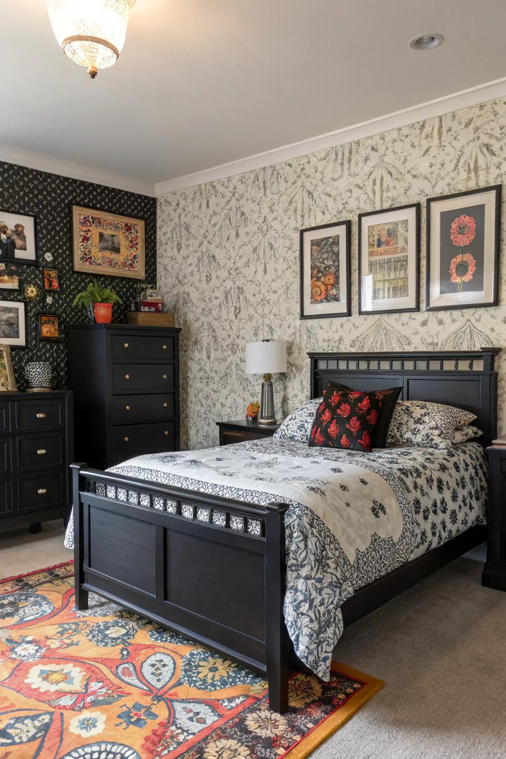 Mixed patterns introduce visual intrigue to this fashionable bedroom.