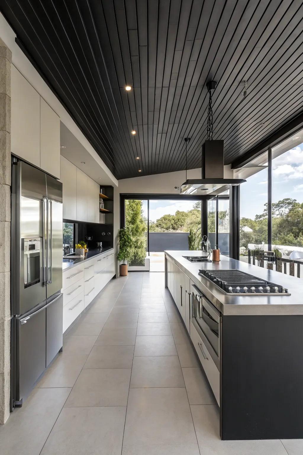 A modern cooking area where a dark overhead adds flair.