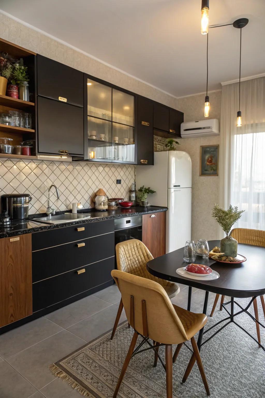 Mid-century contemporary style with ebony worktops.