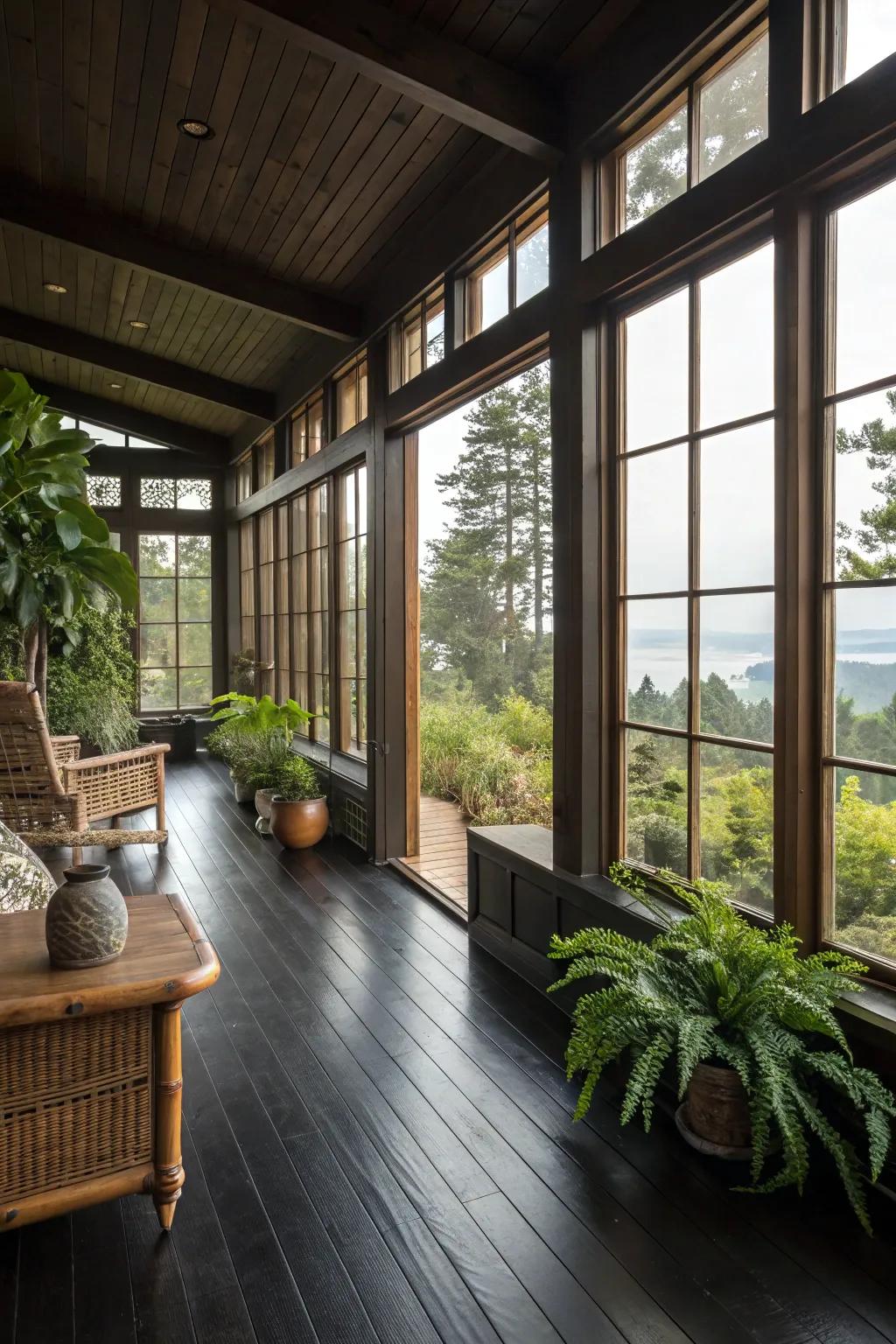 Seamless indoor-outdoor shift with dark floors.
