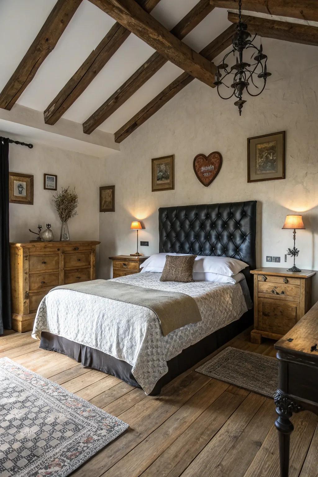 Inviting bedroom featuring country charm and a dark-toned headboard