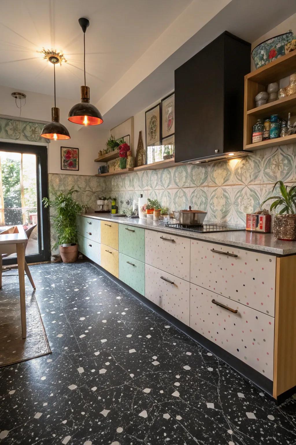 A kitchen with ebony terrazzo floor tiles offering a playful, sophisticated twist.