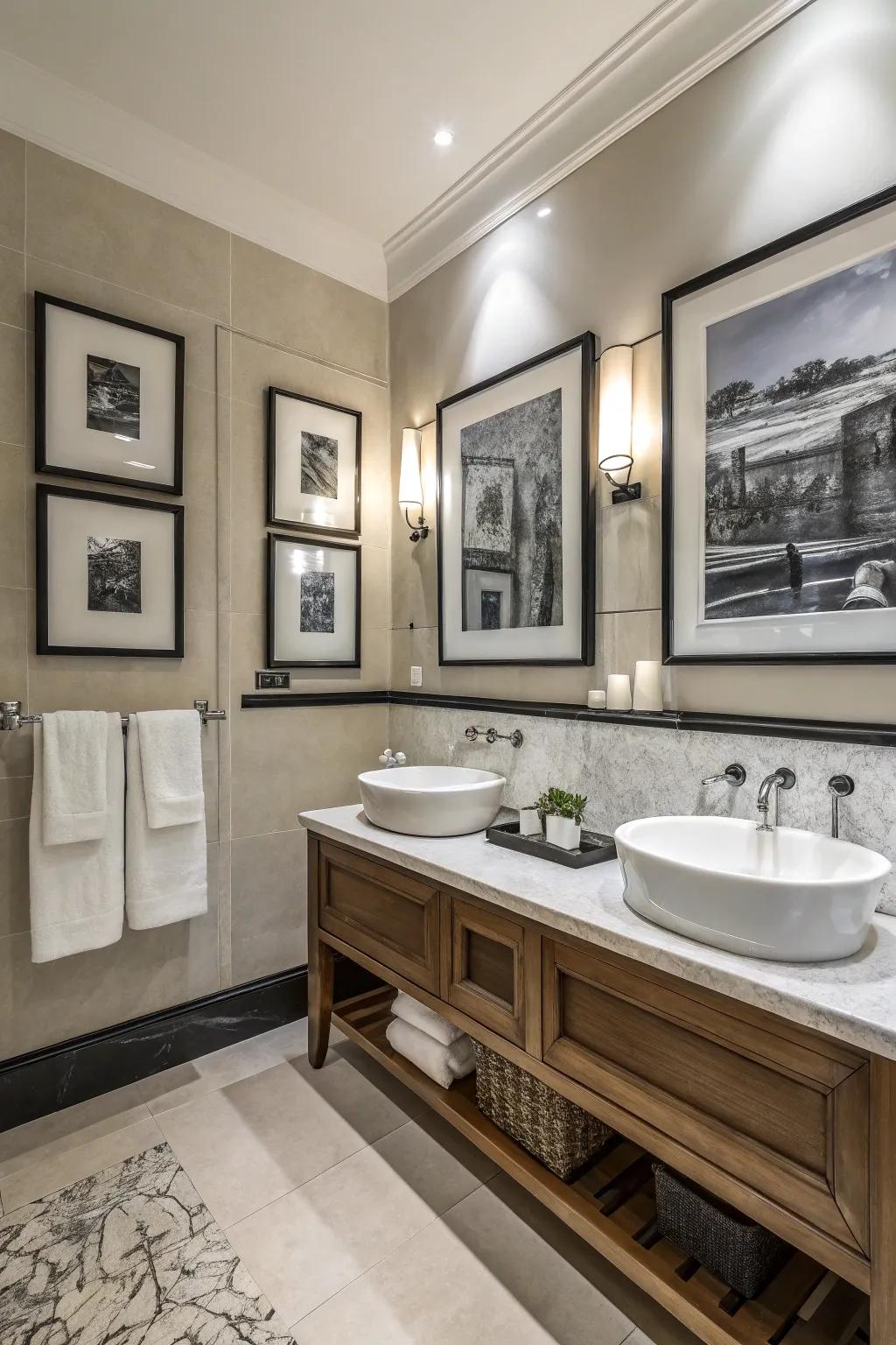 Black and white artwork adds personality and a focal point to this bathroom.