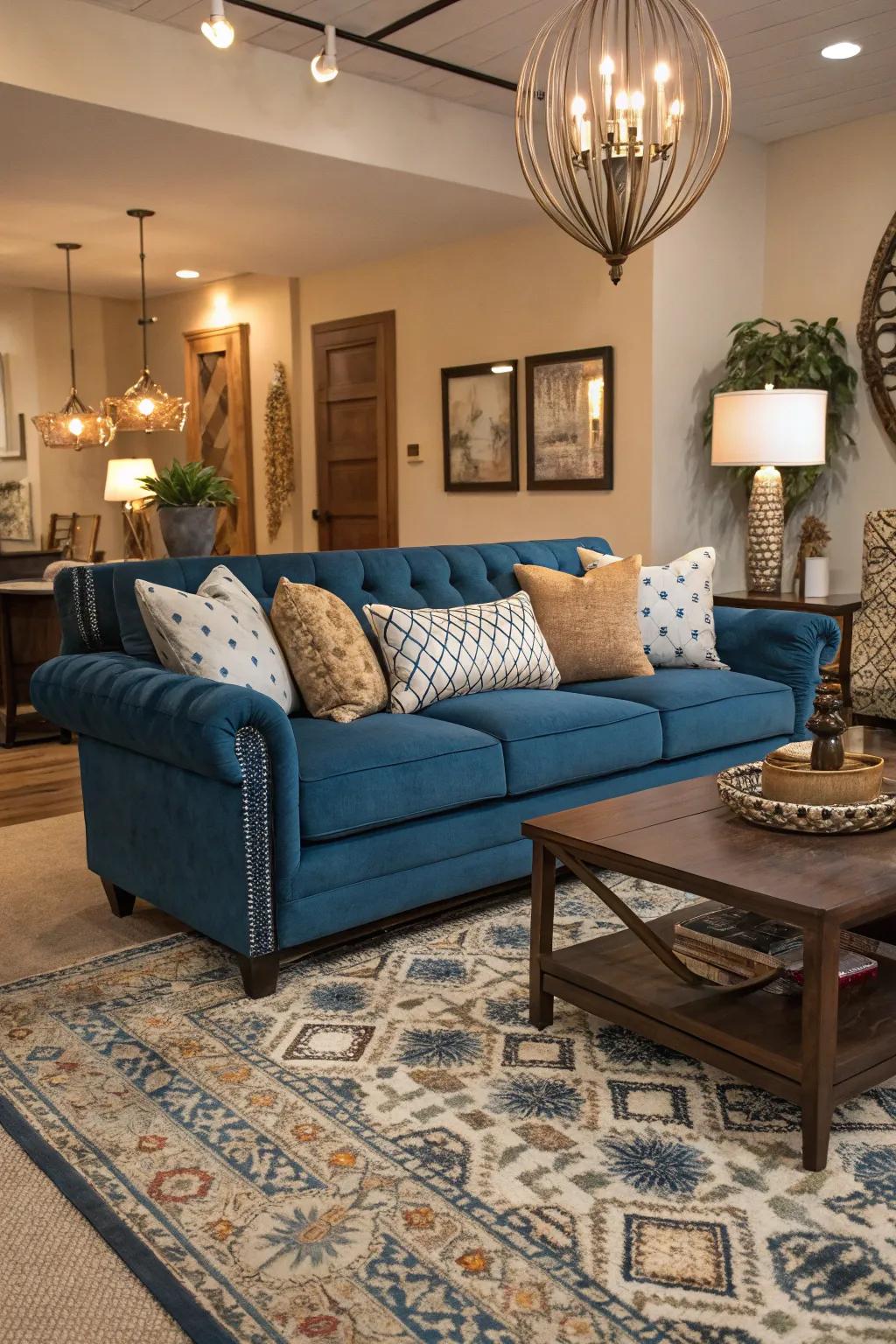 Striking furniture complements and elevates a sapphire settee setting.