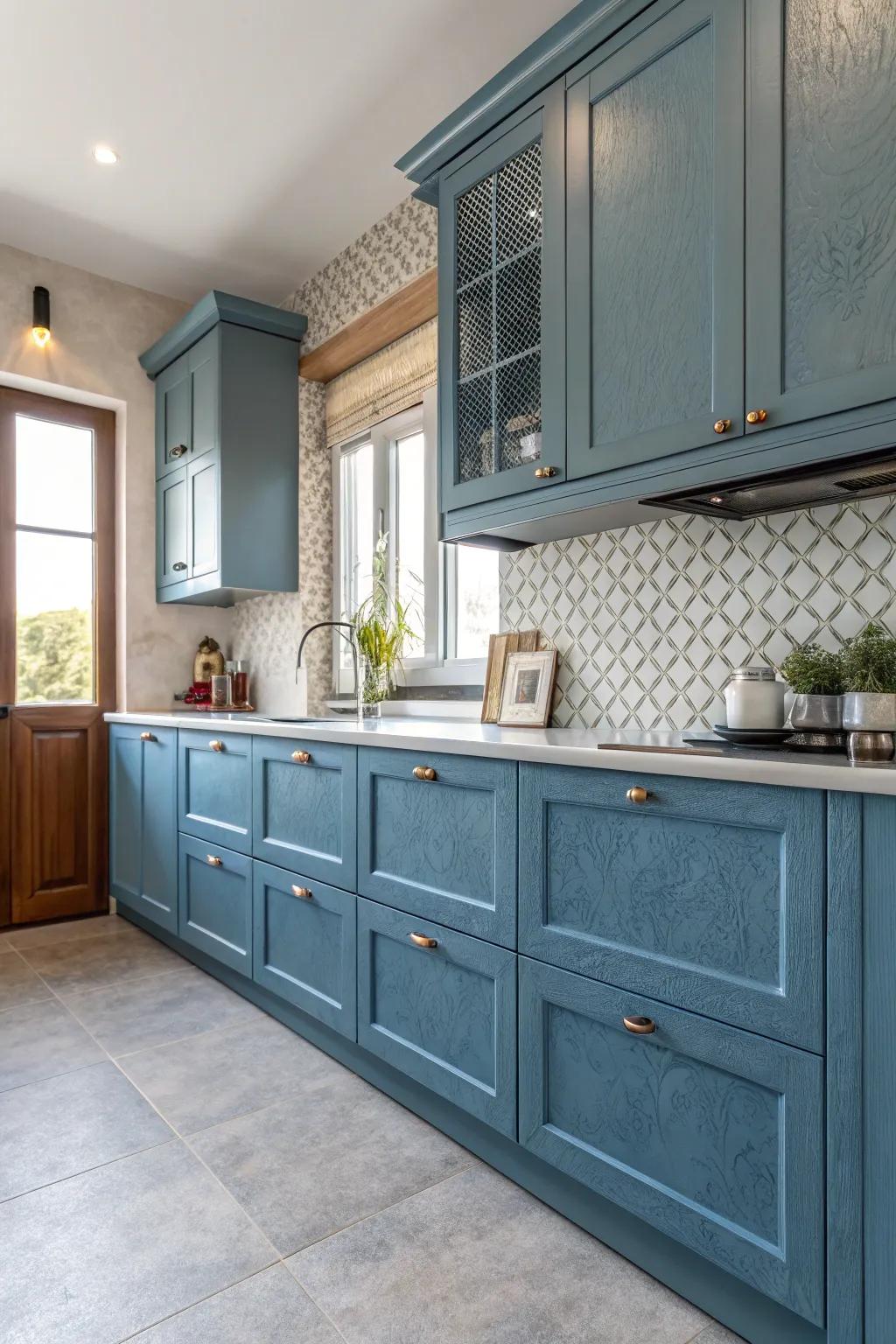 Structured surfaces on azure cupboards infuse profundity and a tactile component to the cooking area.