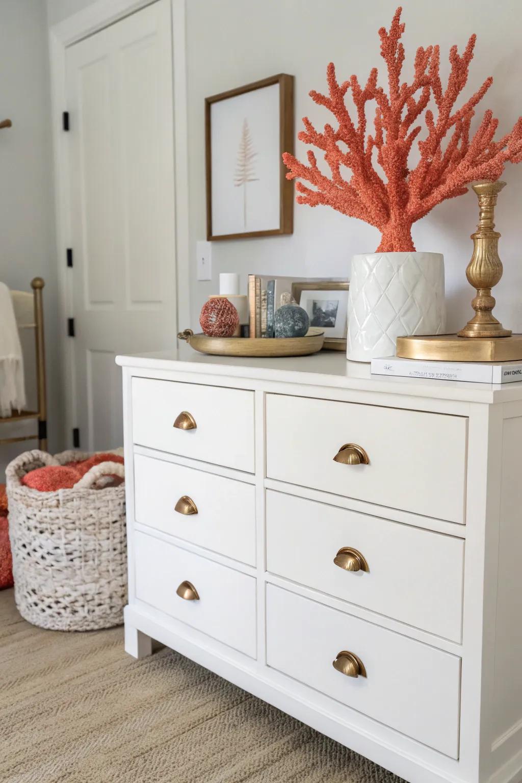 A sculptural coral piece injects a surprising and unique component into this boho dresser.