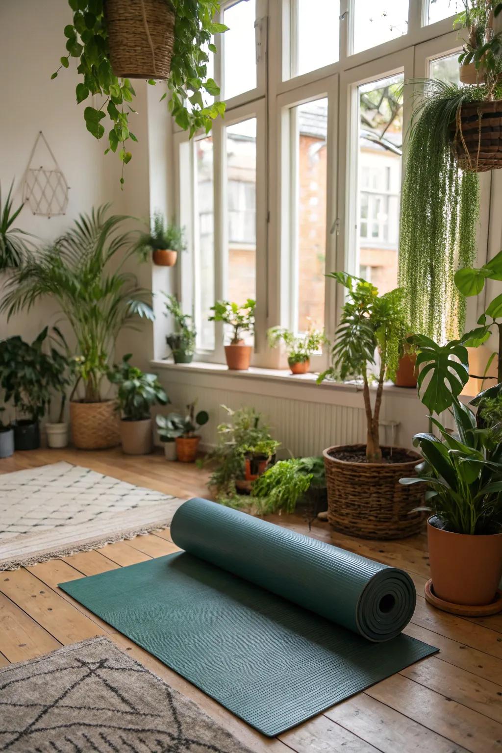 A multi-use area blends relaxation with bohemian greenery.