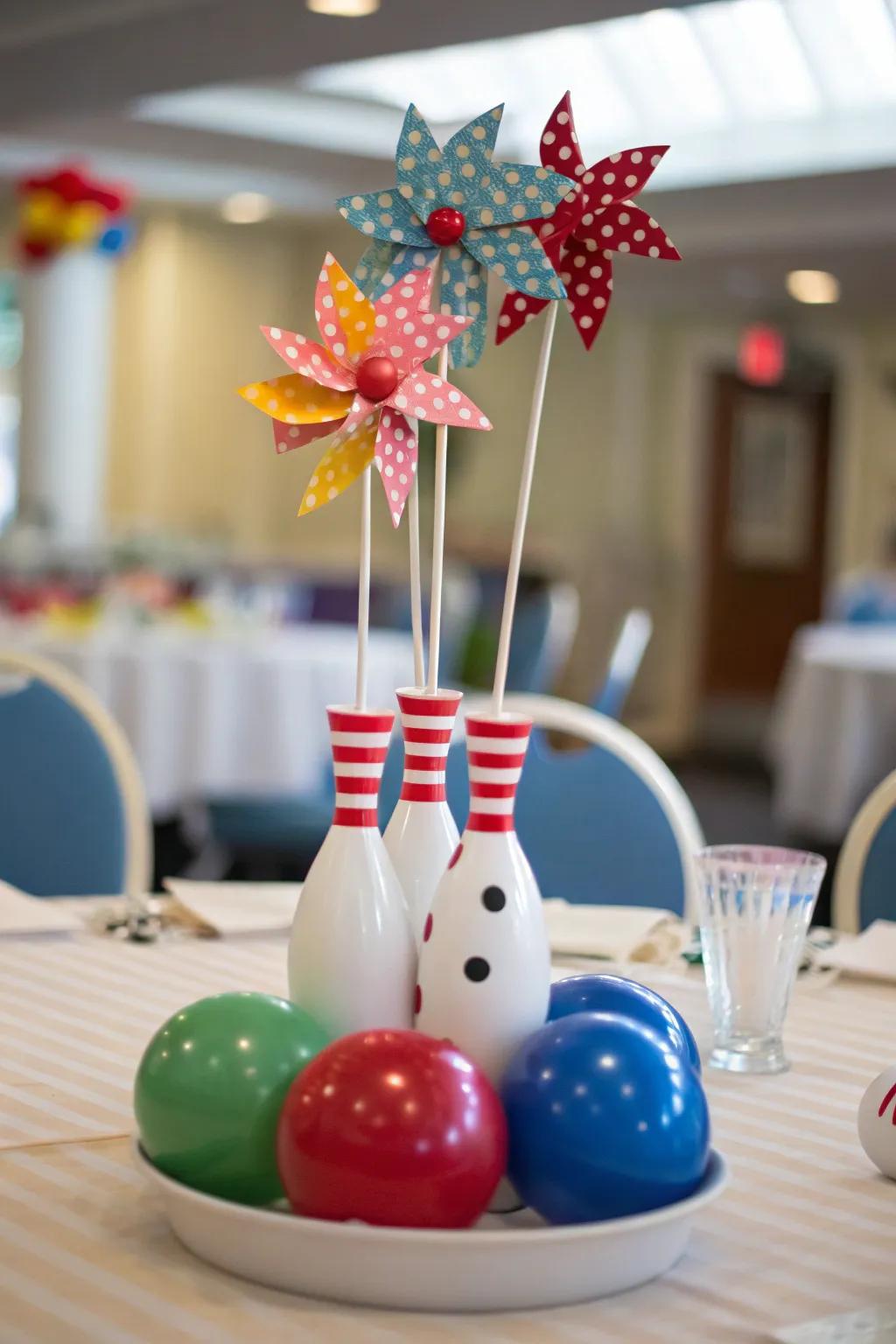 Playful pinwheels introduce whimsy to your bowling-themed centerpiece.