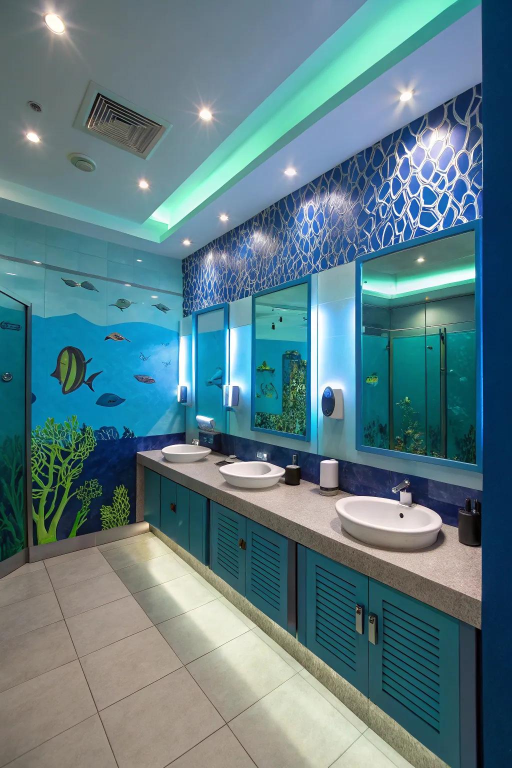 Aquatic inspired lighting creates a serene atmosphere in a boys' bathroom.