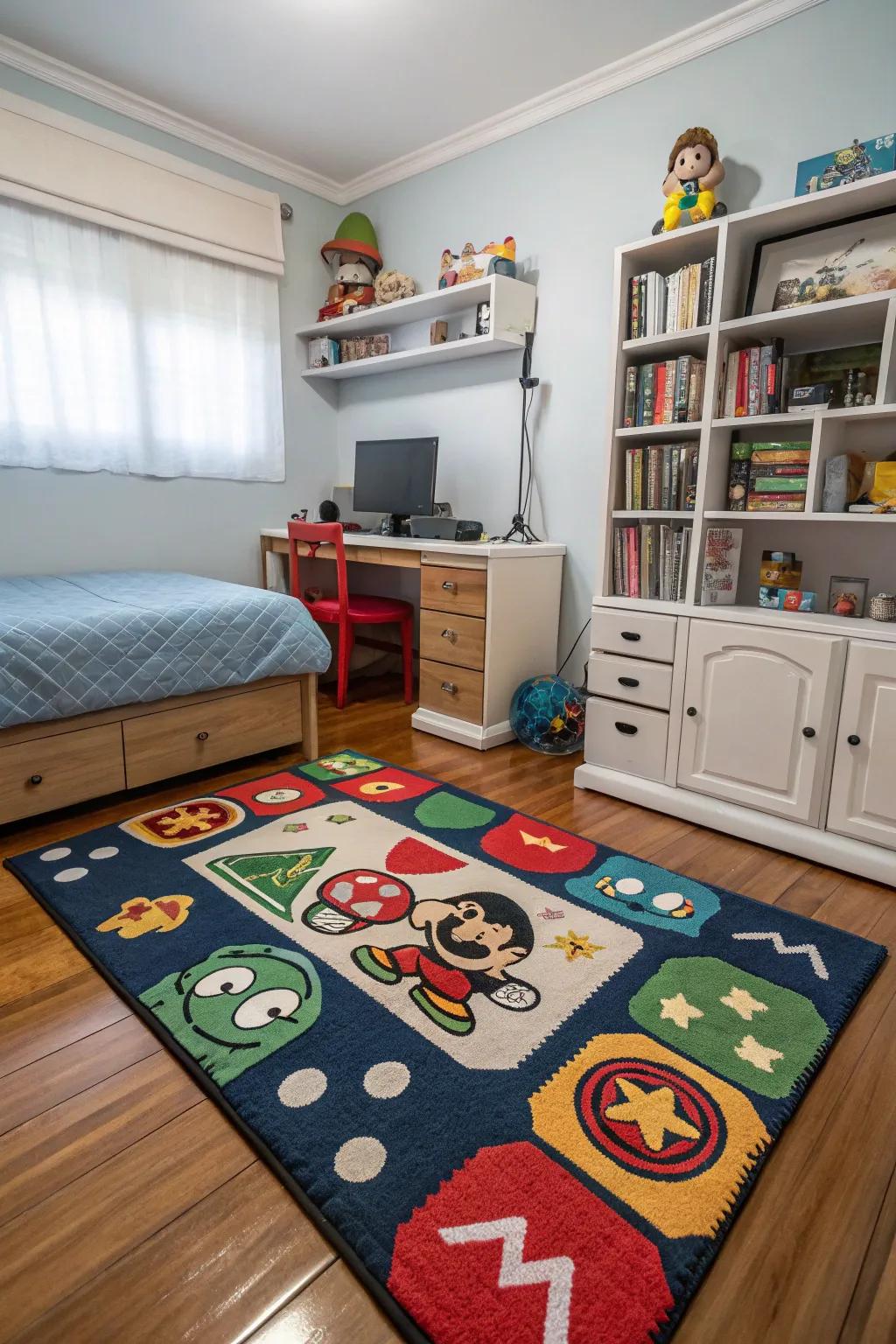 A gaming rug brings warmth and ties together the room&rsquo;s decor.