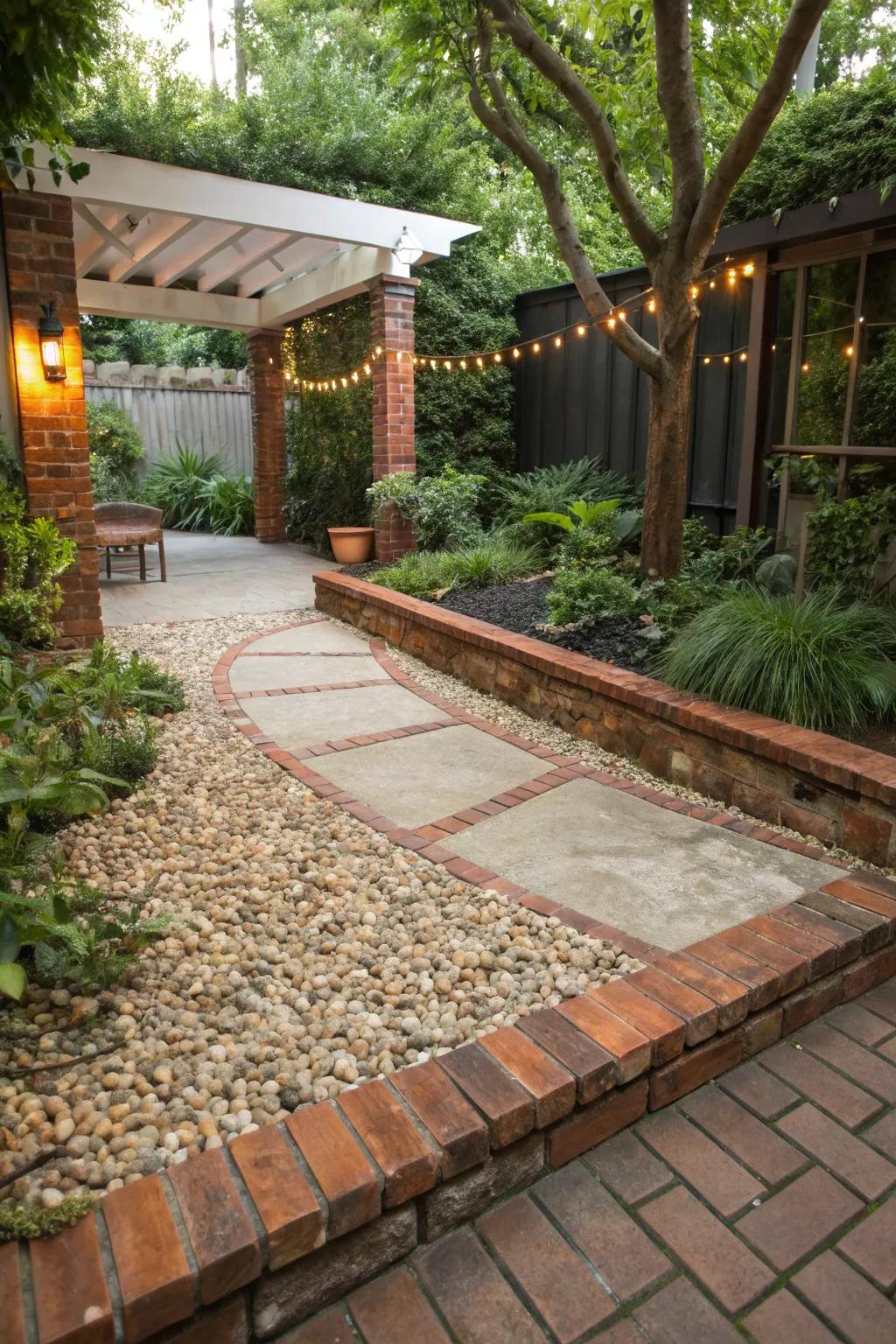 Pebbled ground covering with blockwork borders offers inherent beauty and low upkeep.