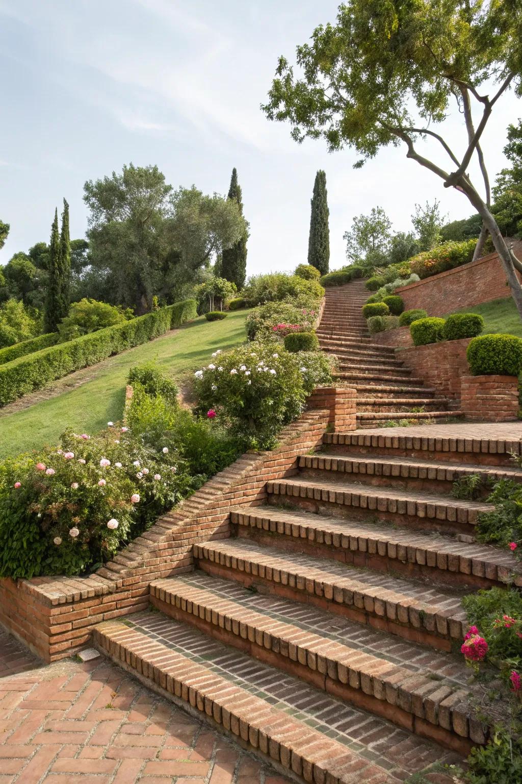 Tiered brick steps adding dimension to an inclined garden.