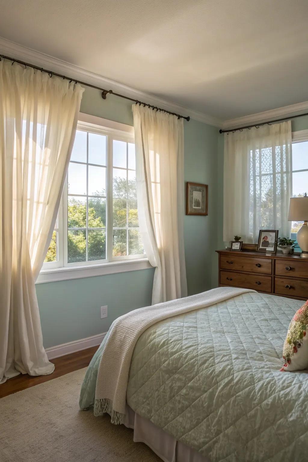 High curtains make the bedroom feel bigger and adds elegance.