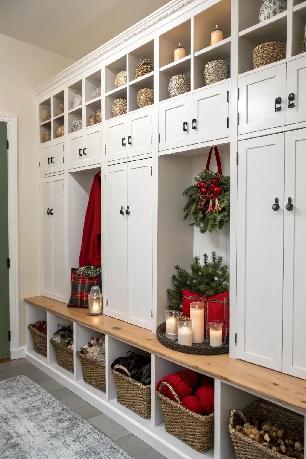 Seasonal decorating neatly arranged within integrated lockers.