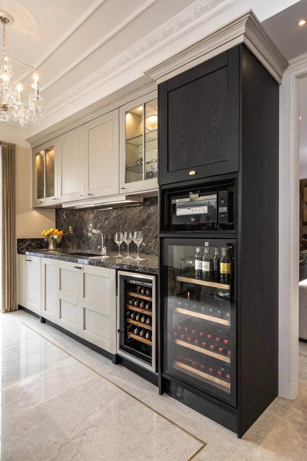 A unique pairing of wave oven and wine chiller for a sophisticated flair.