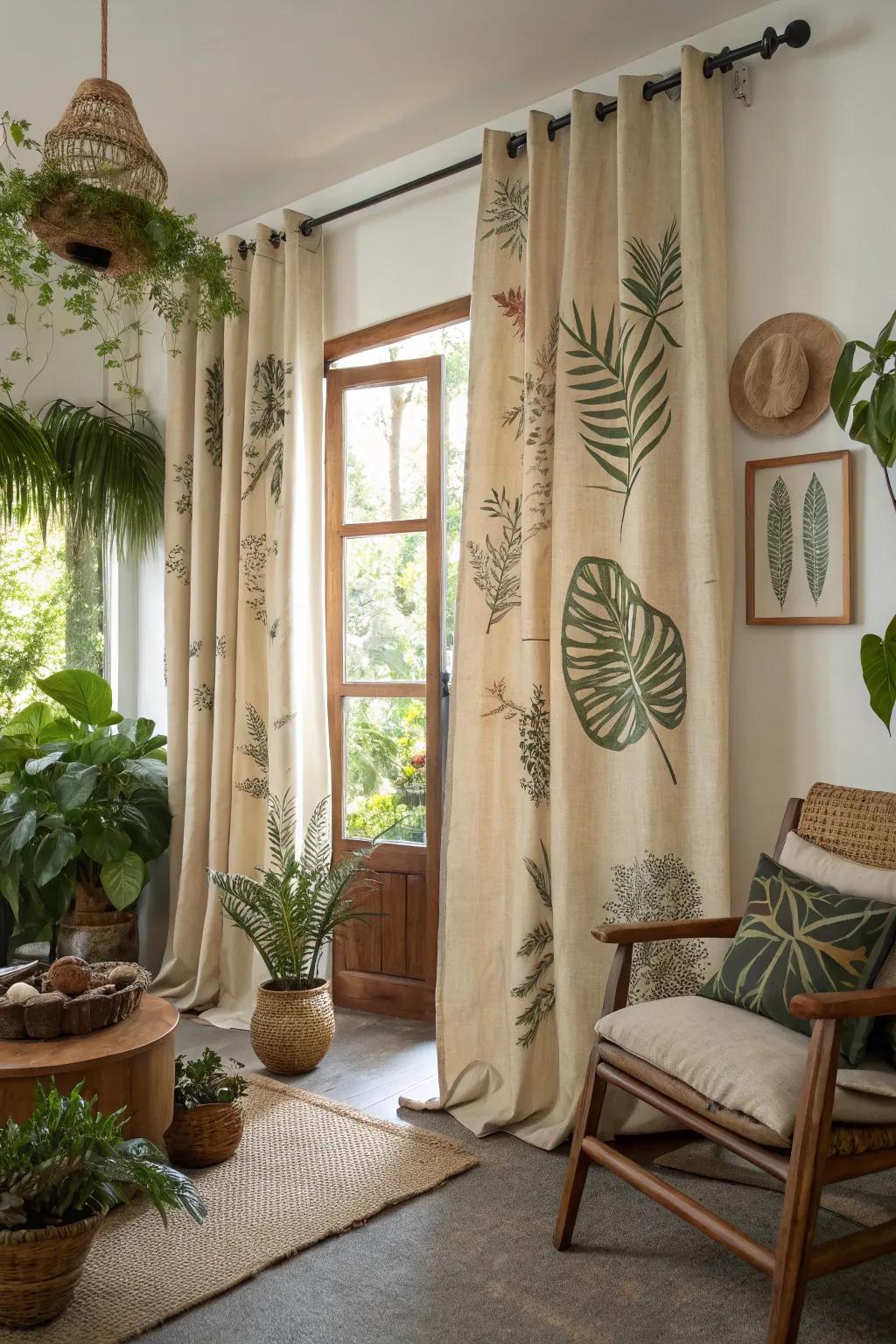 Nature-inspired elegance featuring botanical-print hessian drapes.