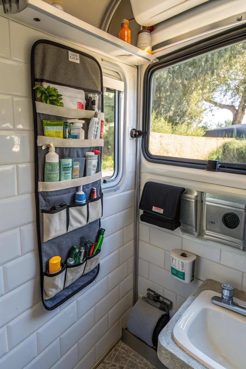 A space-saving toiletries tidy in a camper van bathroom.
