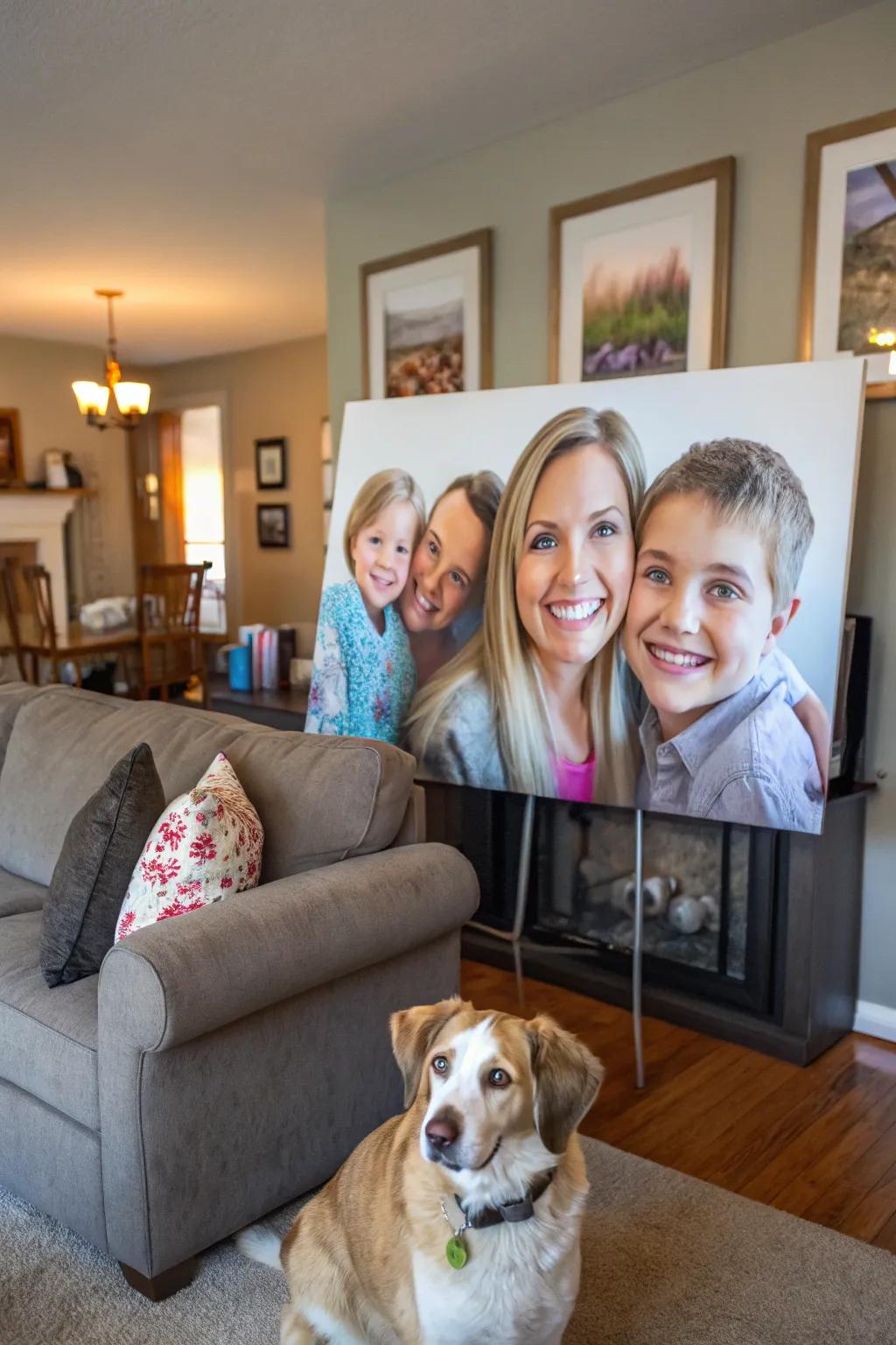 Personal likenesses displayed in a family living room