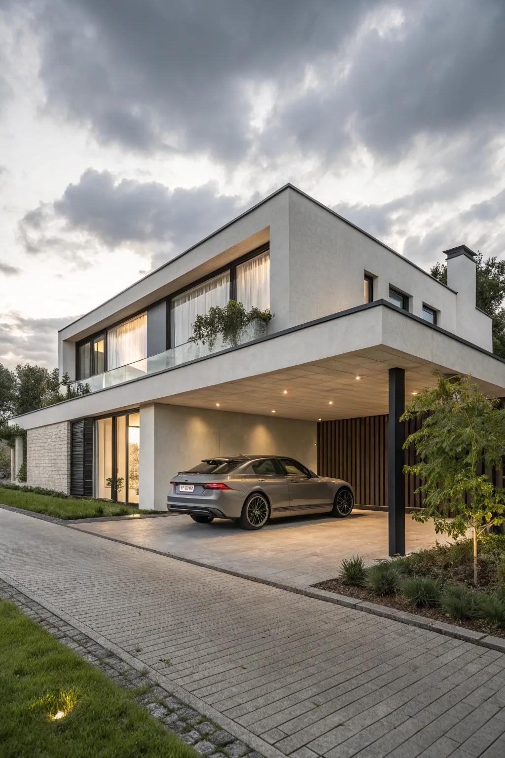 A hidden carport blending into the home's facade.