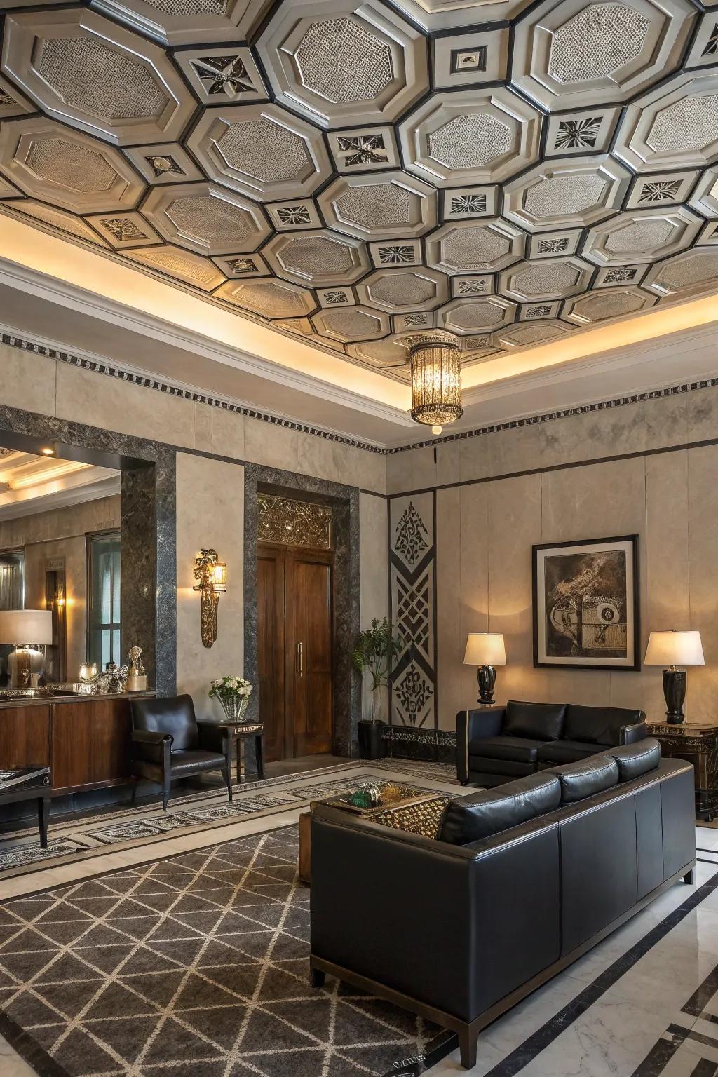 An Art Deco motivated room detailed with geometrical ceiling shingles.