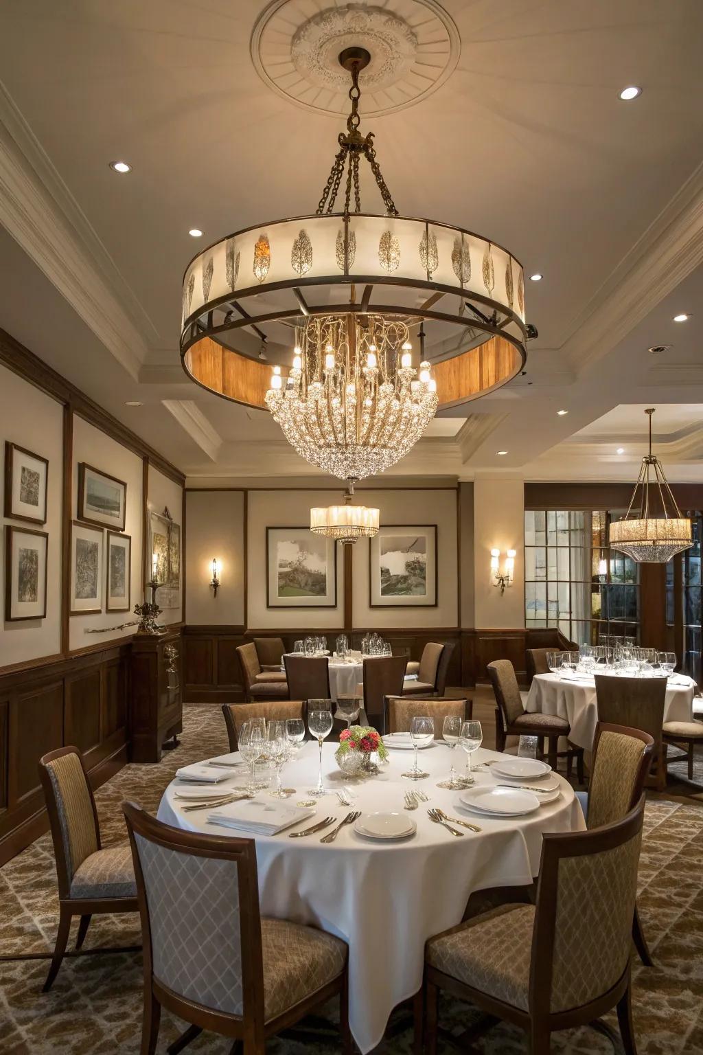 A symmetrical chandelier introduces balance and harmony.