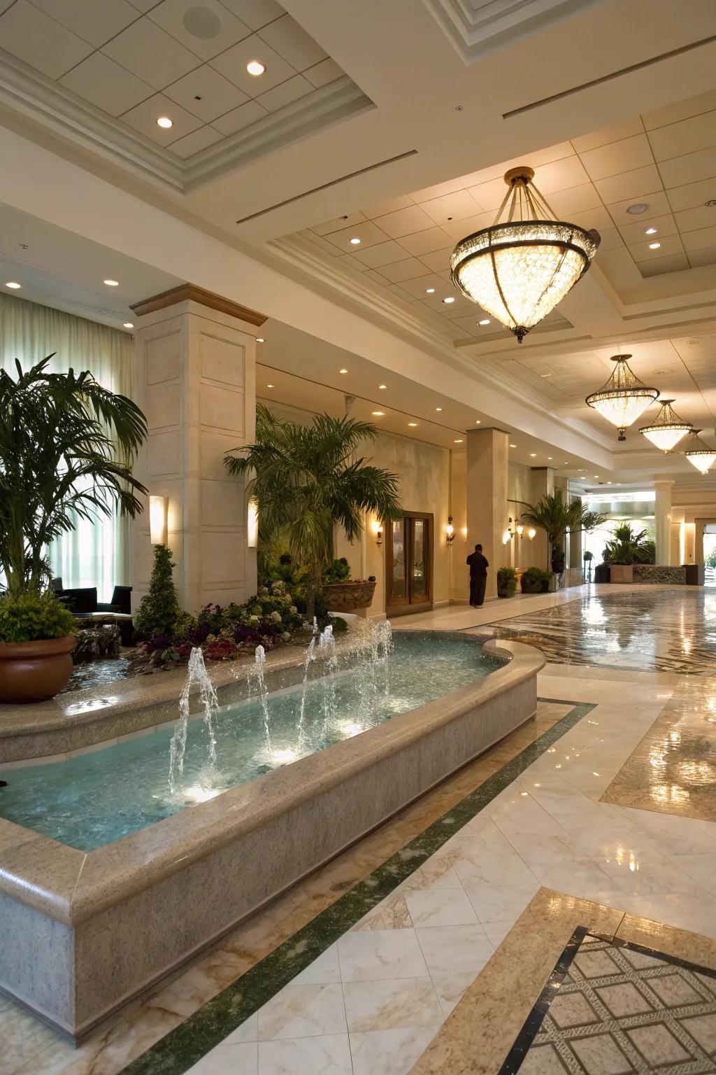 An interactive water feature bringing tranquility to the lobby.