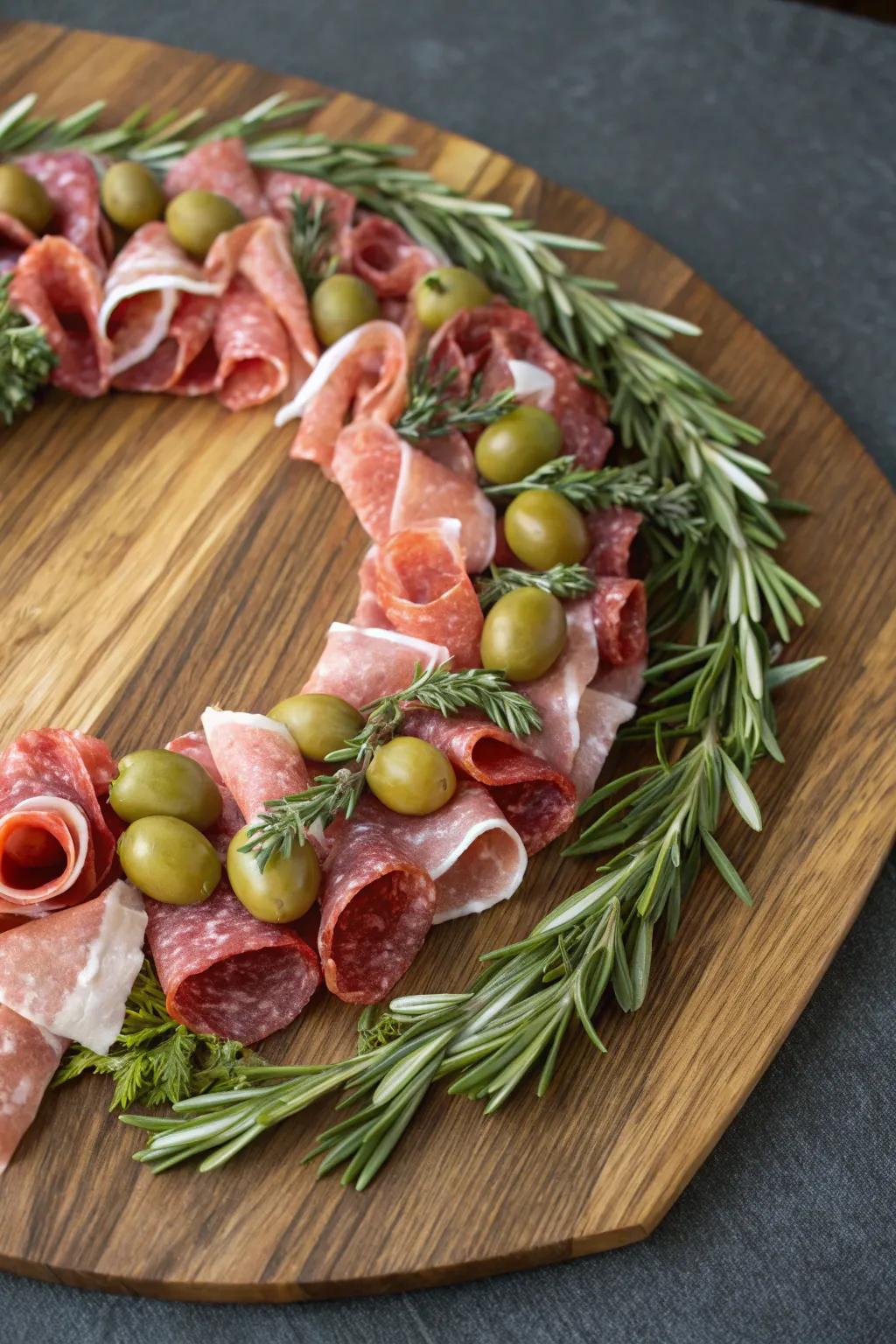 A wreath of savory cured meats with olives and assorted herbs.