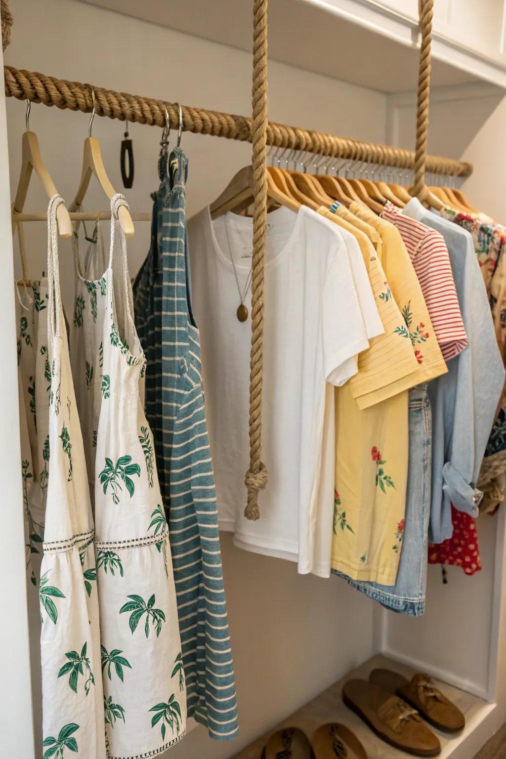 Rope rails bring a rustic, bohemian vibe to closet areas.