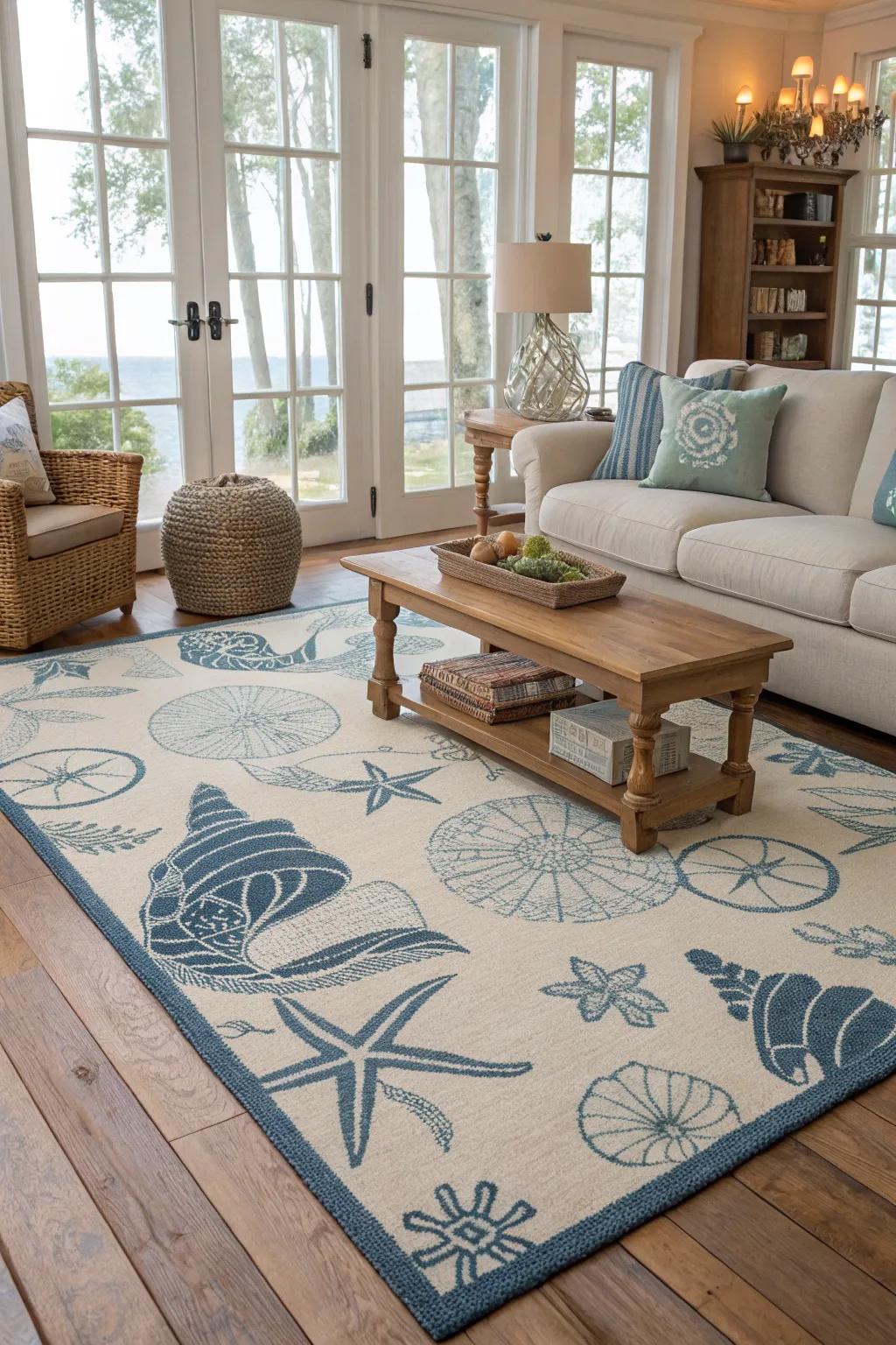 A coastal-inspired floor covering ties the space together.