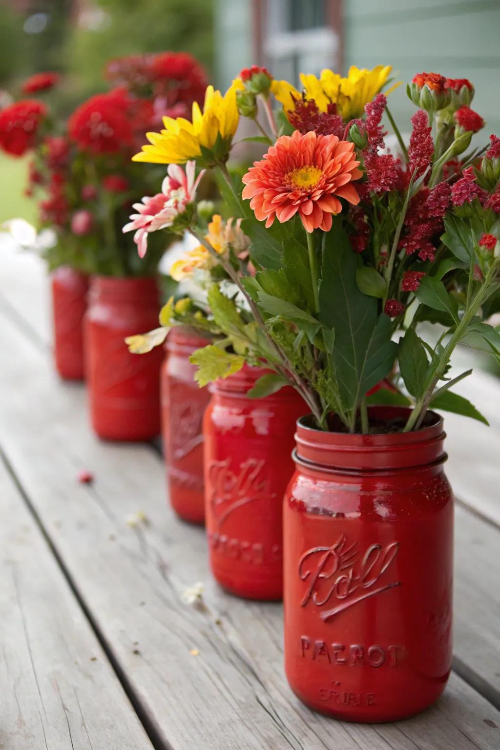 Chic ruby tinted vintage jars serving as versatile decor pieces.