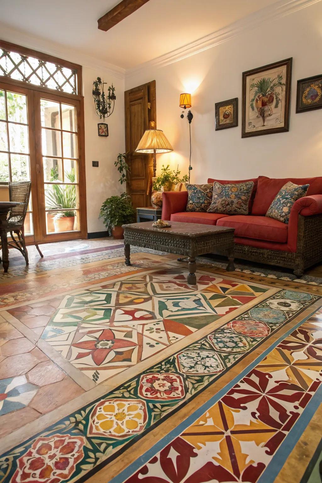 Dynamic flooring designs add an unexpected twist to this bold living room.