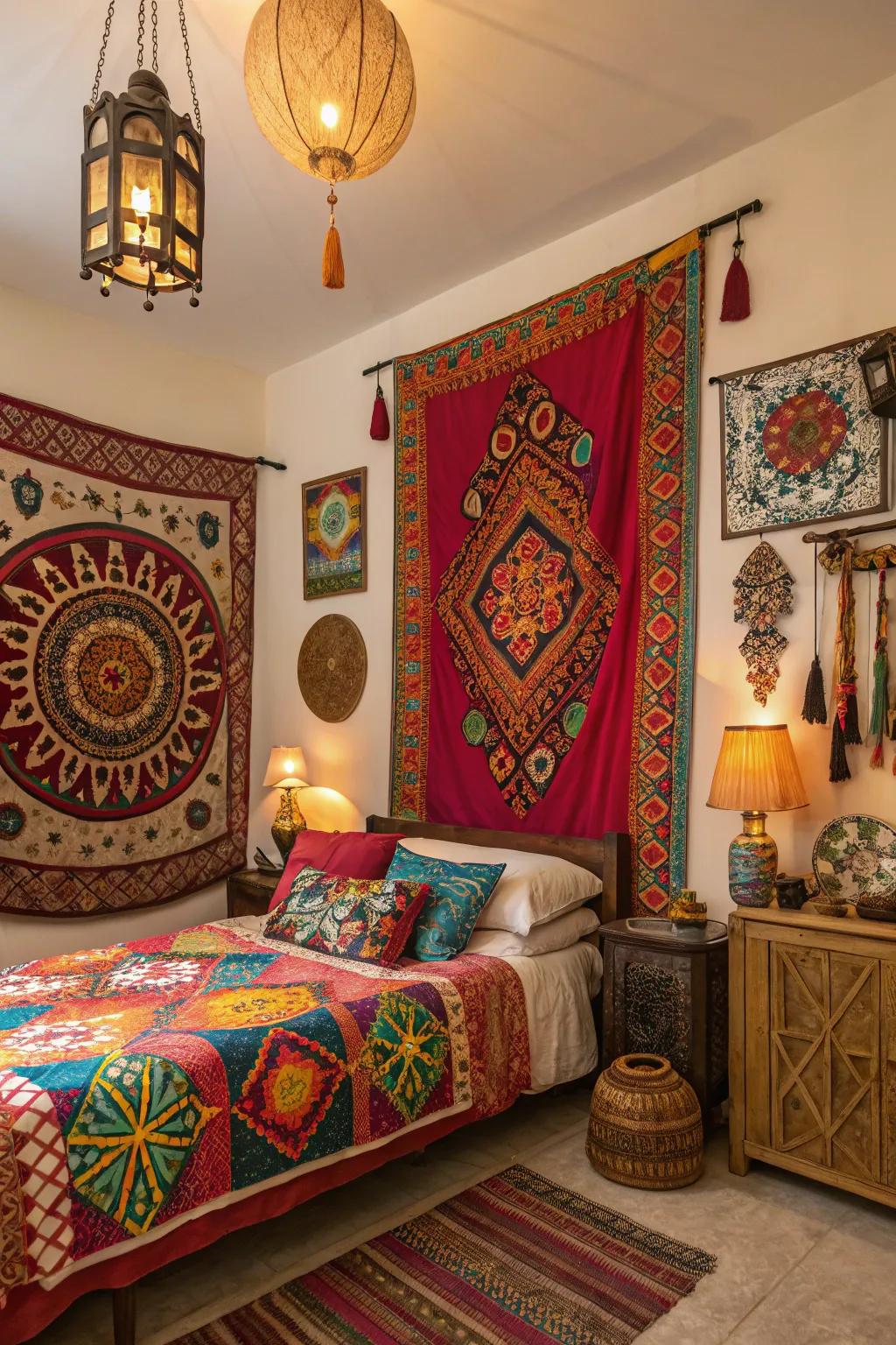 Worldly musings enrich the design of this bedroom.