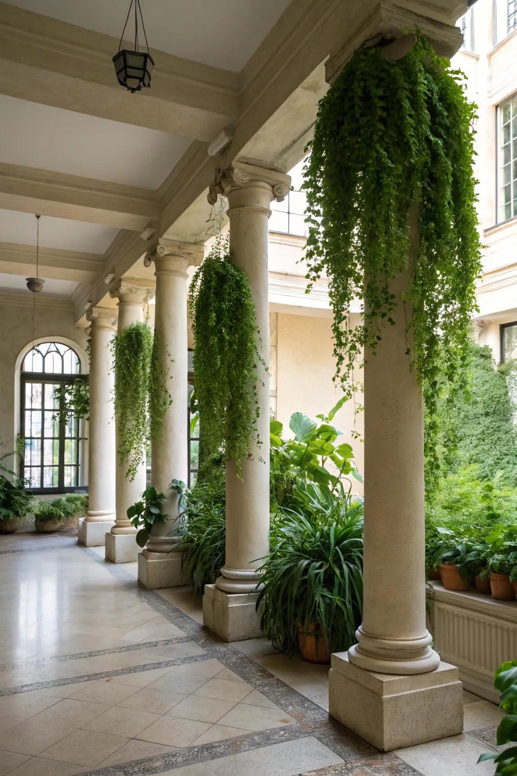 Columns serve as planters, bringing nature into a modern interior.