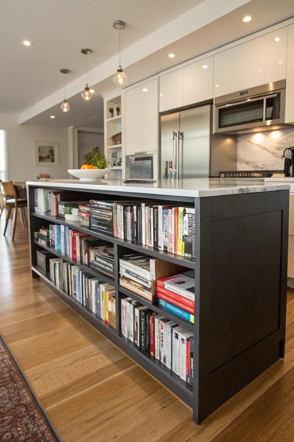 A cooking area island with shelves offers quick accessibility to cookbooks.