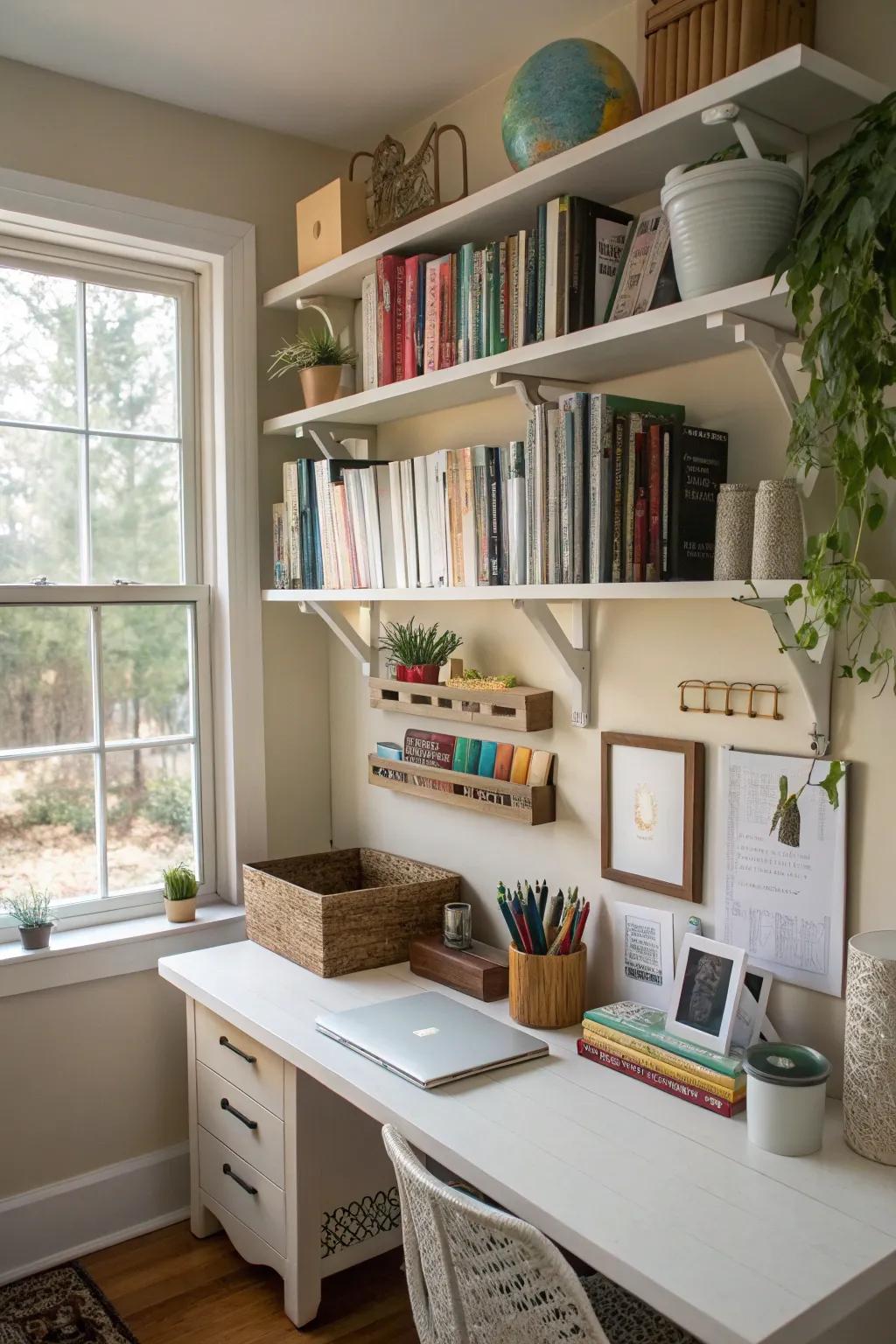 Shelves with supports proffer practical storage resolutions inside home offices.