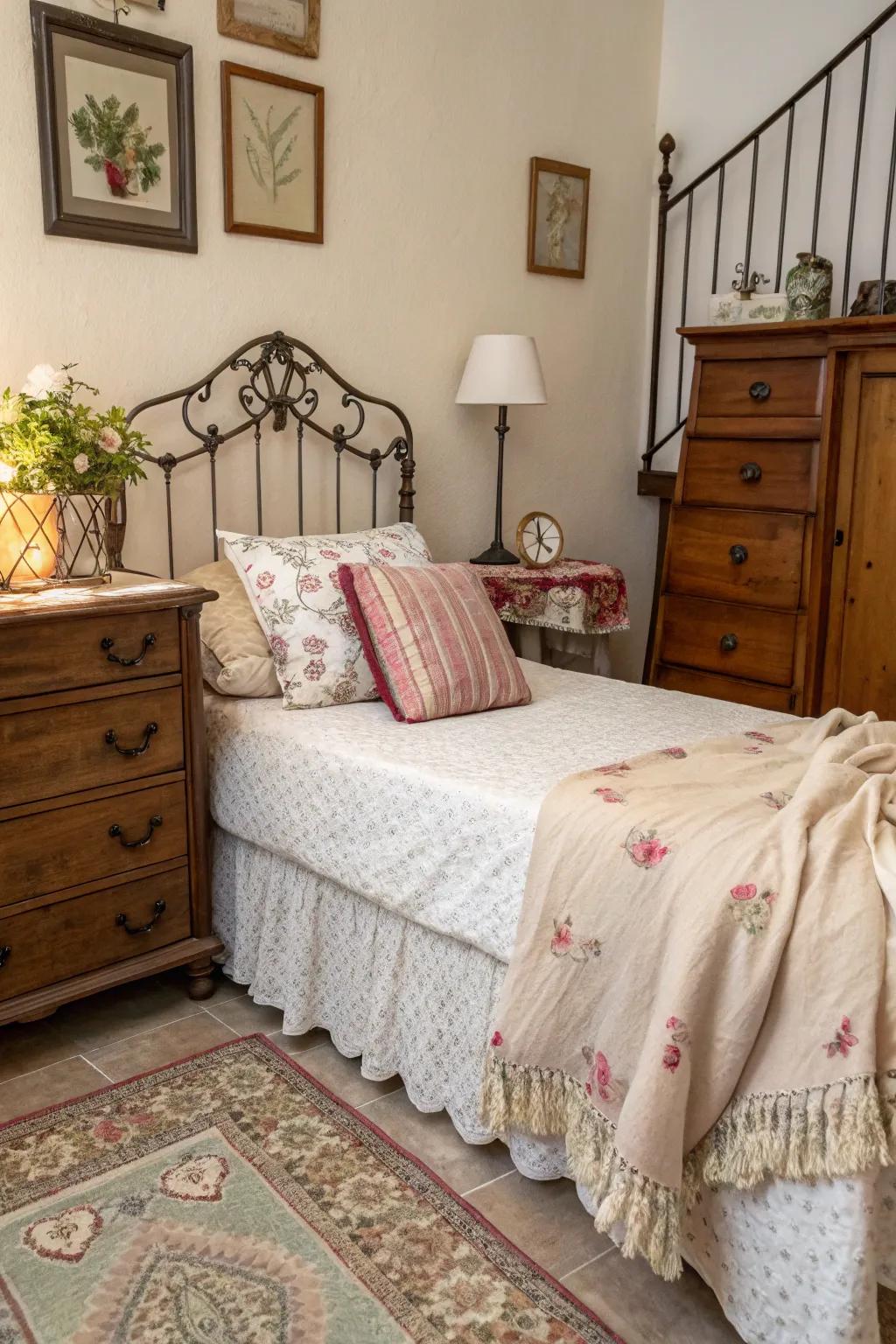 Vintage pieces contribute charm and character to a corner bed.
