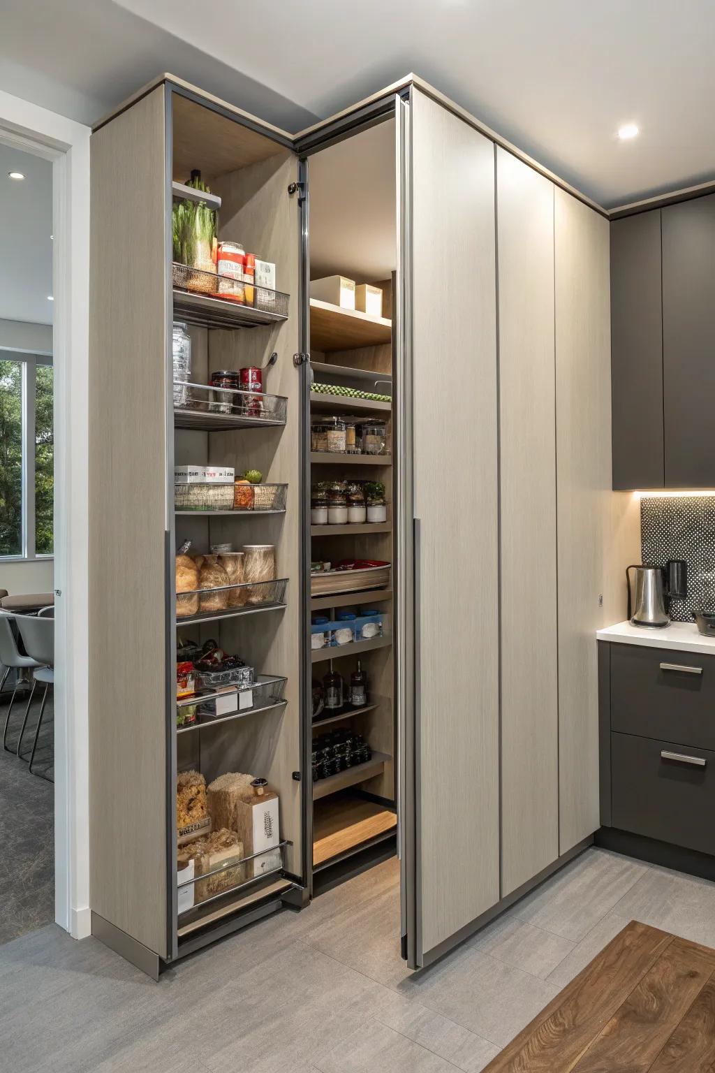 Sliding panels on a corner pantry create a modern touch.