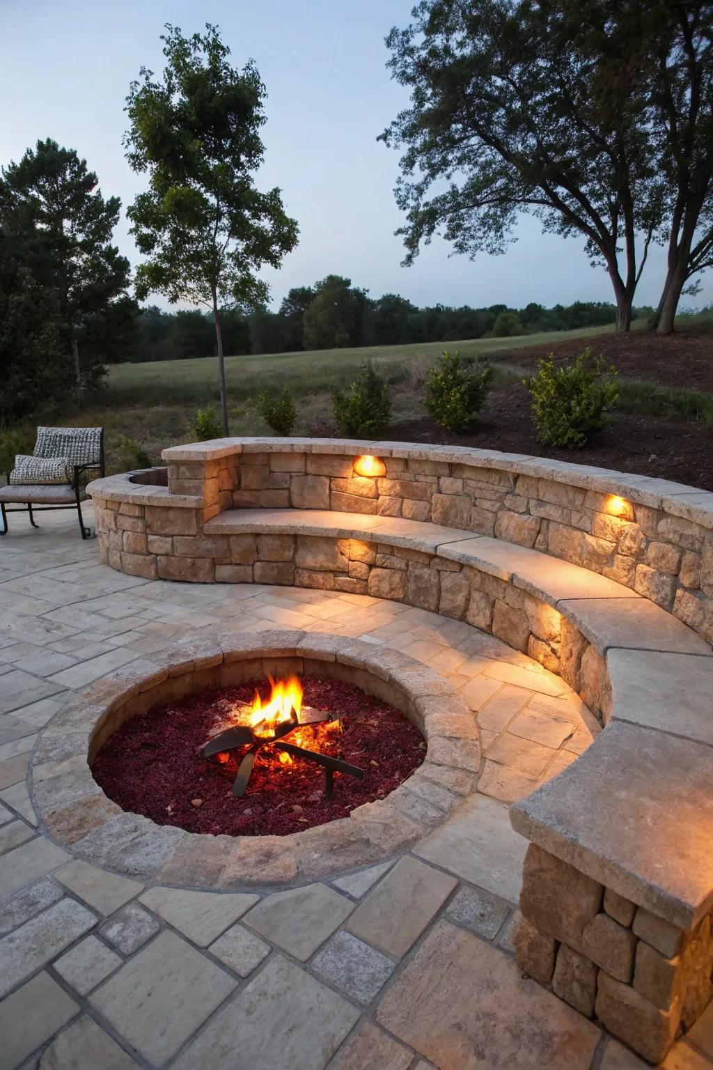 A nestled fire pit provides a safe and intimate area for gatherings.