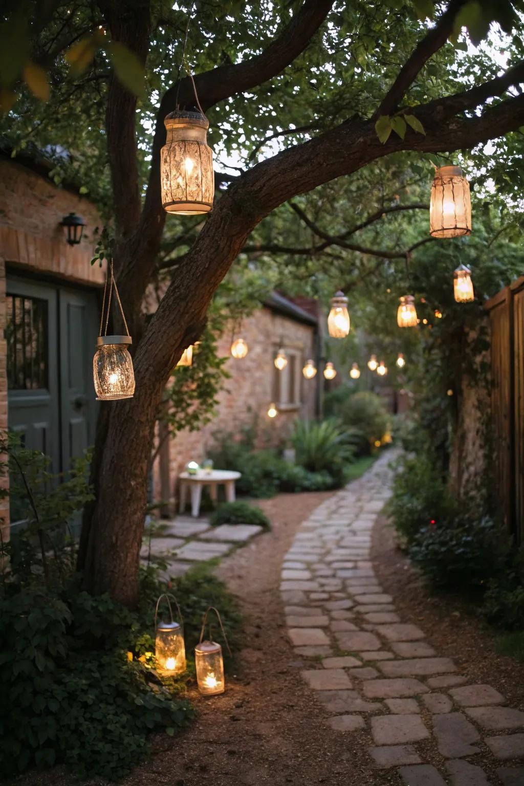 DIY Glass jar lamps add a personal touch to the patio.