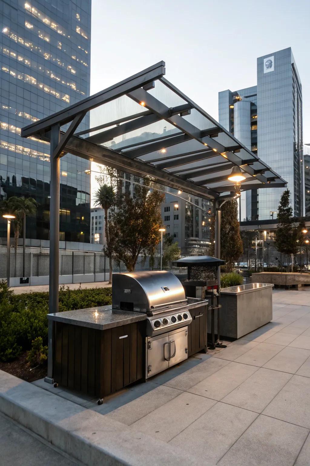 An mechanical steel shelter delivering a daring, urban aspect for grilling.