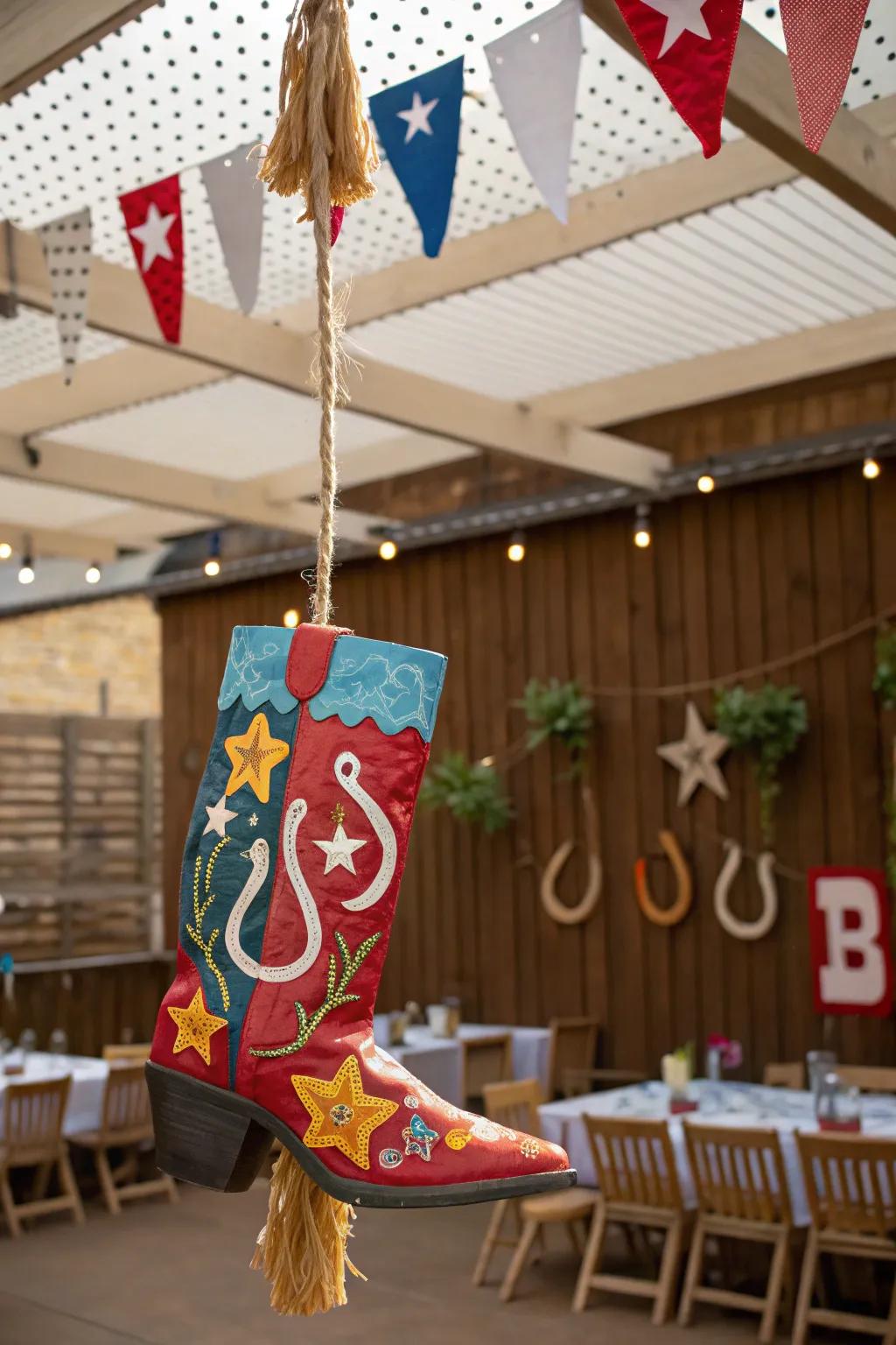 Incorporate excitement with a cowboy footwear pi&ntilde;ata.