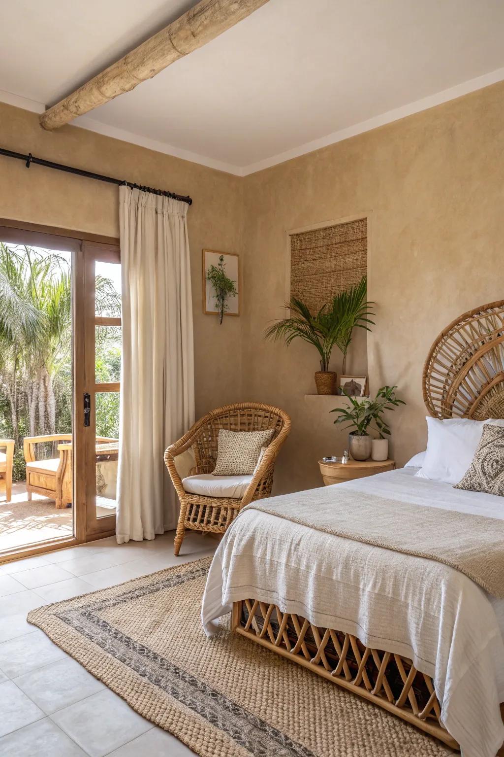 A bedroom featuring cane furniture to achieve an airy and unified design.