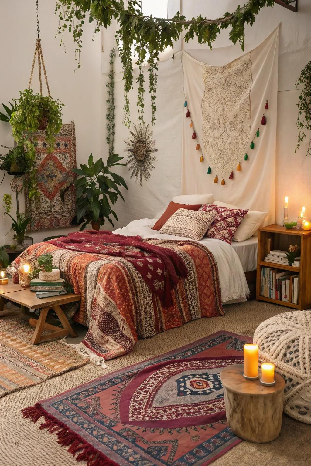 A bohemian-inspired bedroom with eclectic and cozy elements.