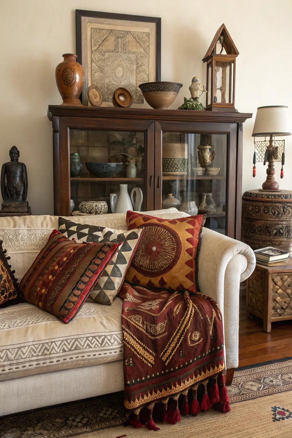 Cultural decor on a sideboard tells a personal story.