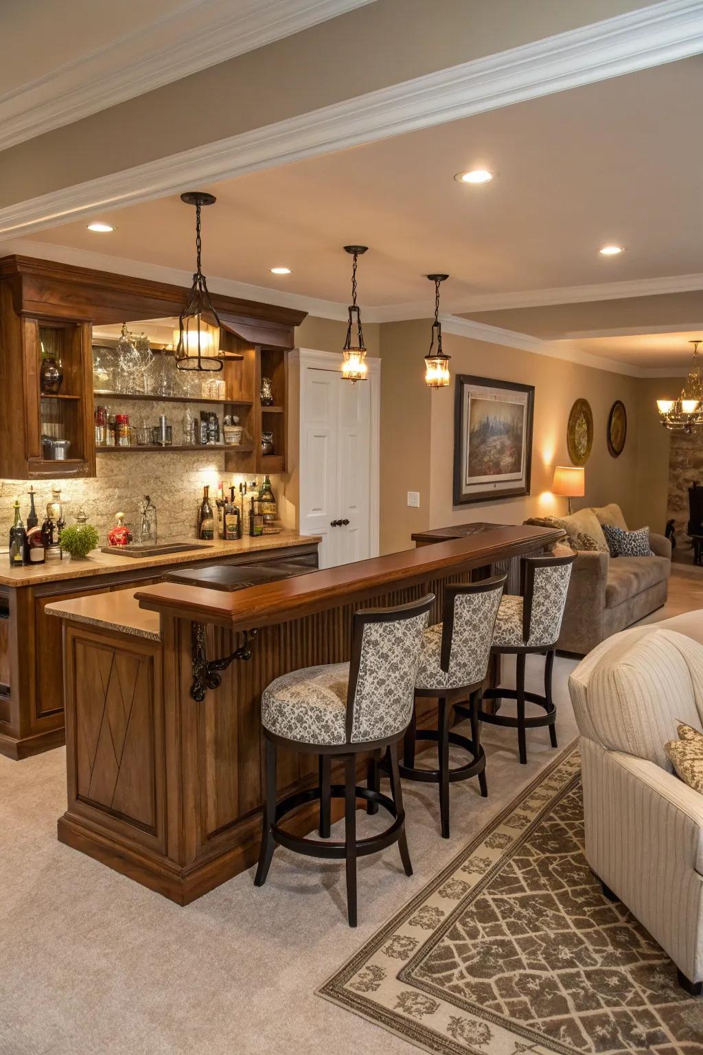 Custom seating adds a personal touch to the home bar.