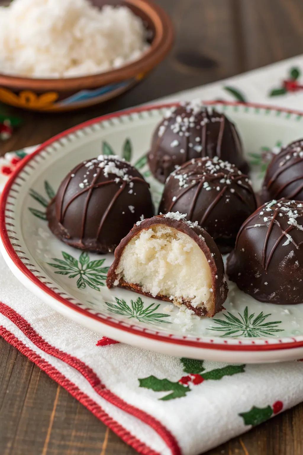 Opulent chocolate-covered coconut sweets that bring a hint of the tropics to your holiday treats.